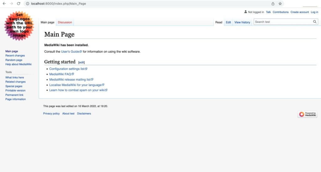 Screenshot of the installed WikiMedia page in the browser.