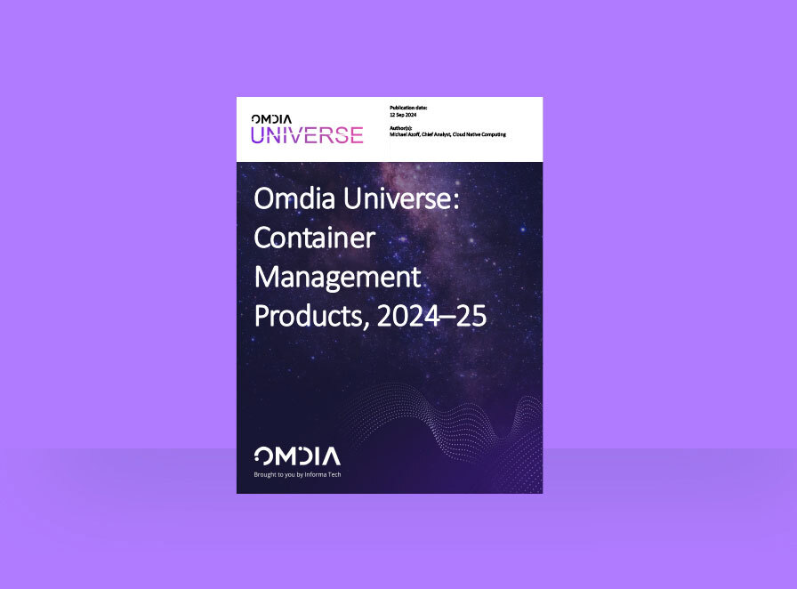The cover page is the "Omdia Universe: Container Management Products, 2024-25" report.