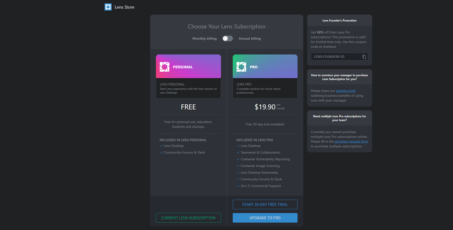 Subscription selection screen with various plan options