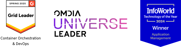 Three badges: "Grid Leader Spring 2023," "Data Universe," and "InfoWorld Technology of the Year 2024 Winner Application Management."