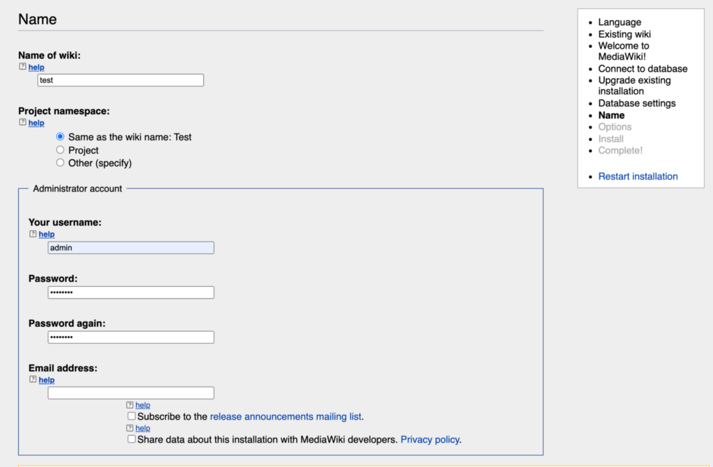 Screenshot of configurations