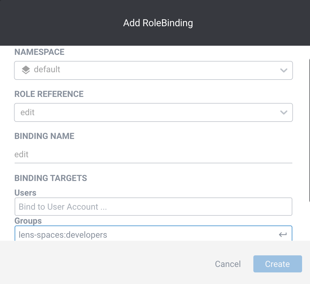 Closer view of role binding creation screen