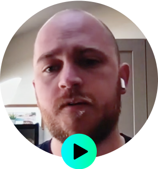 A close-up portrait of a man using one earbud over a play button overlay.