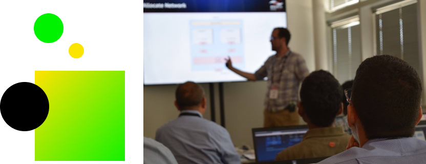 An abstract geometric design is juxtaposed with a classroom scene of a presenter and audience.