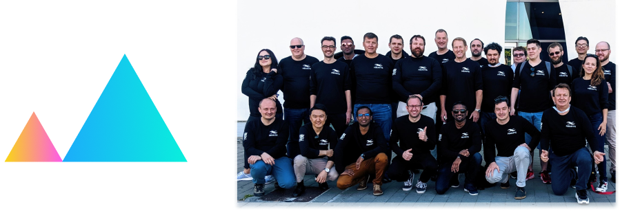 A gradient triangle design is next to a group photo of about twenty people wearing matching black shirts.