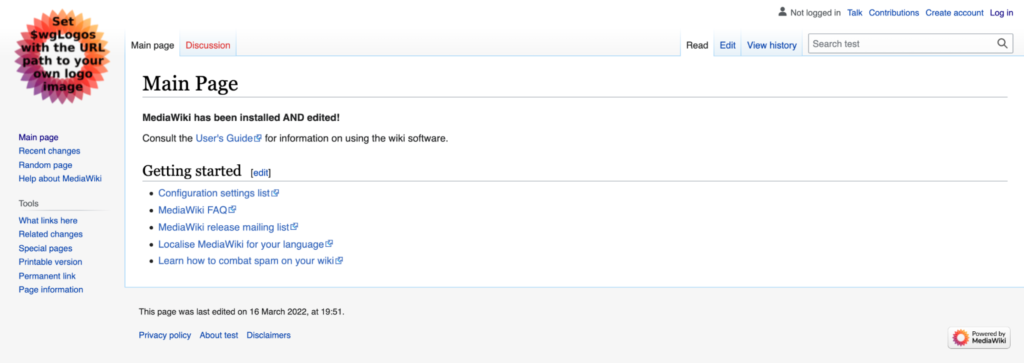 Screenshot of Wikimedia being installed and edited in the browser.
