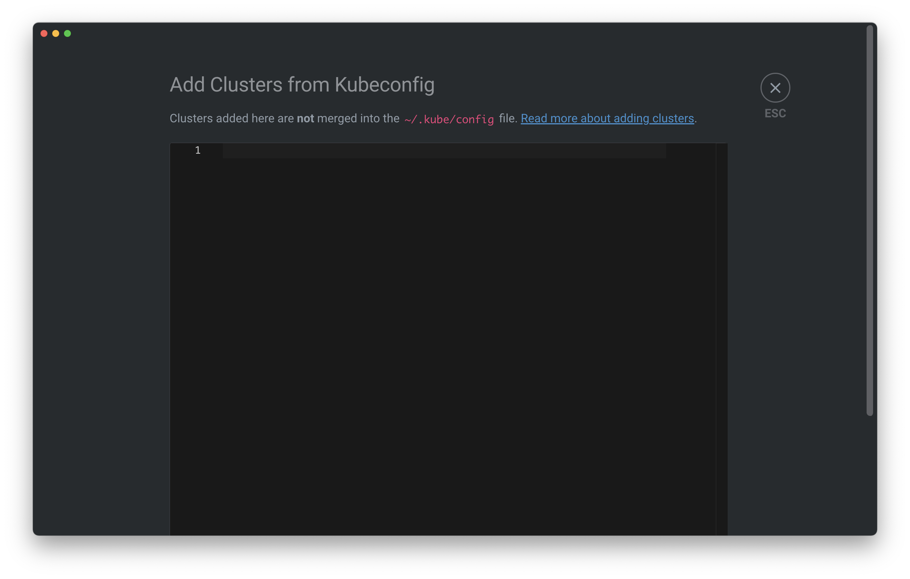 Kubeconfig file editor displaying YAML configuration settings