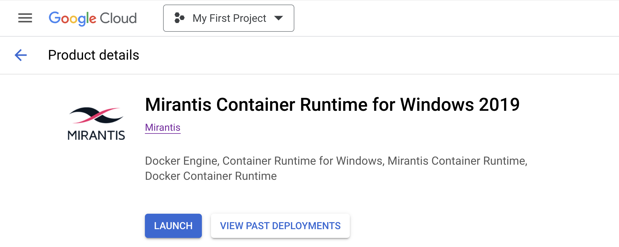 Launch screen for Mirantis Container Runtime for Windows Server 2019 on Google Cloud Marketplace