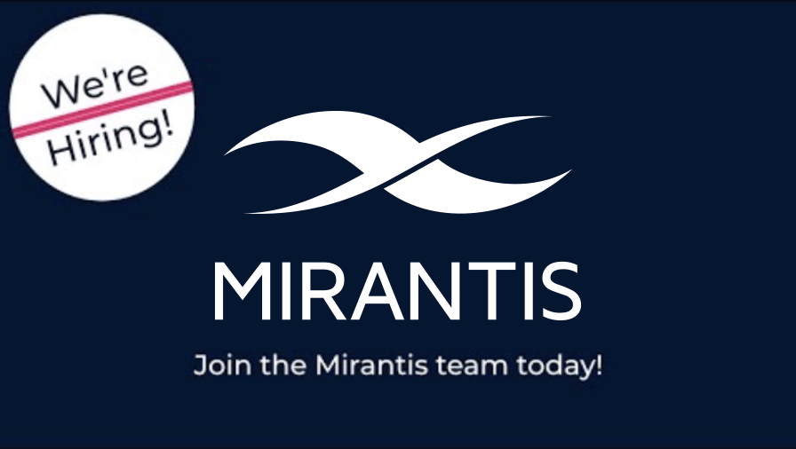 Mirantis logo with text "Join the Mirantis team today!" and a "We're Hiring!" badge on a dark blue background.