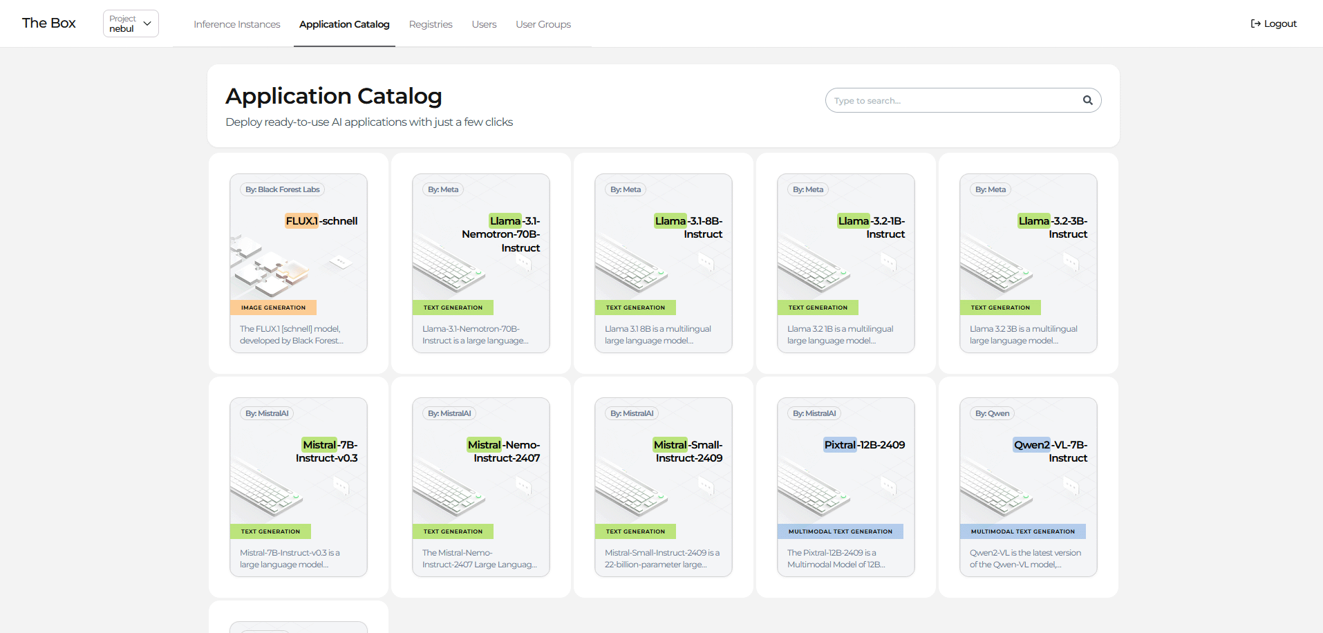 Application catalog interface displaying various software options, each with a brief description and installation button.