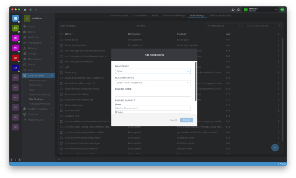 Custom role binding creation screen