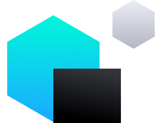 A light gray background features a large, light blue hexagon on the left, a smaller black square partially overlapping it, and a small, light gray hexagon on the upper right.