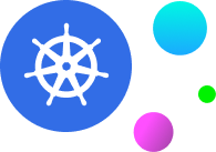 A blue circle with a white ship wheel next to teal, green, and magenta circles on a gray background.