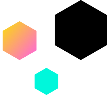 Three hexagons of different sizes and colors—a gradient of yellow and pink, solid black, and solid teal—are arranged on a light gray background.