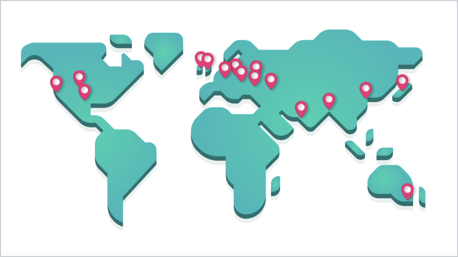 Stylized world map with pink location pins marking various global locations on different continents.